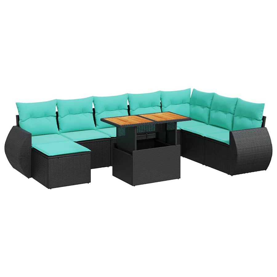 9-delige Loungeset met kussens poly rattan zwart