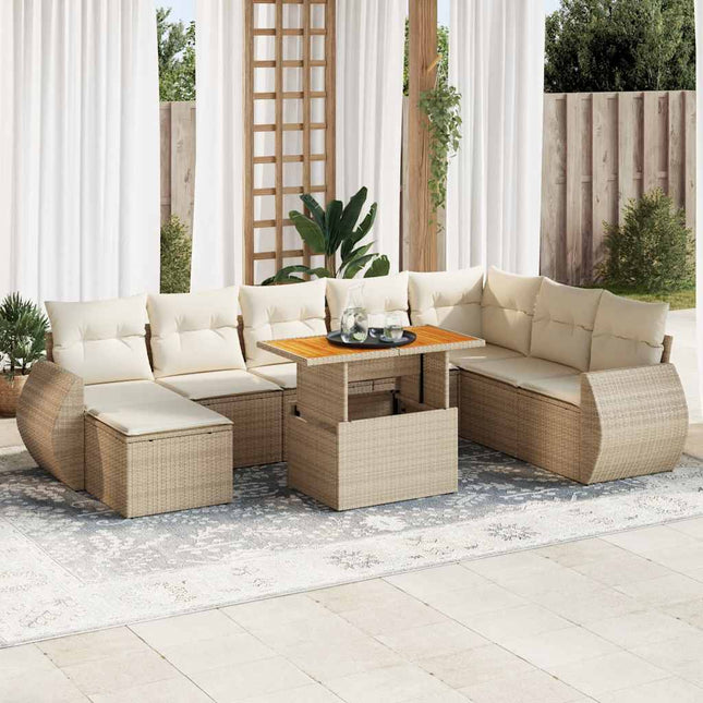 9-delige Loungeset met kussens poly rattan beige