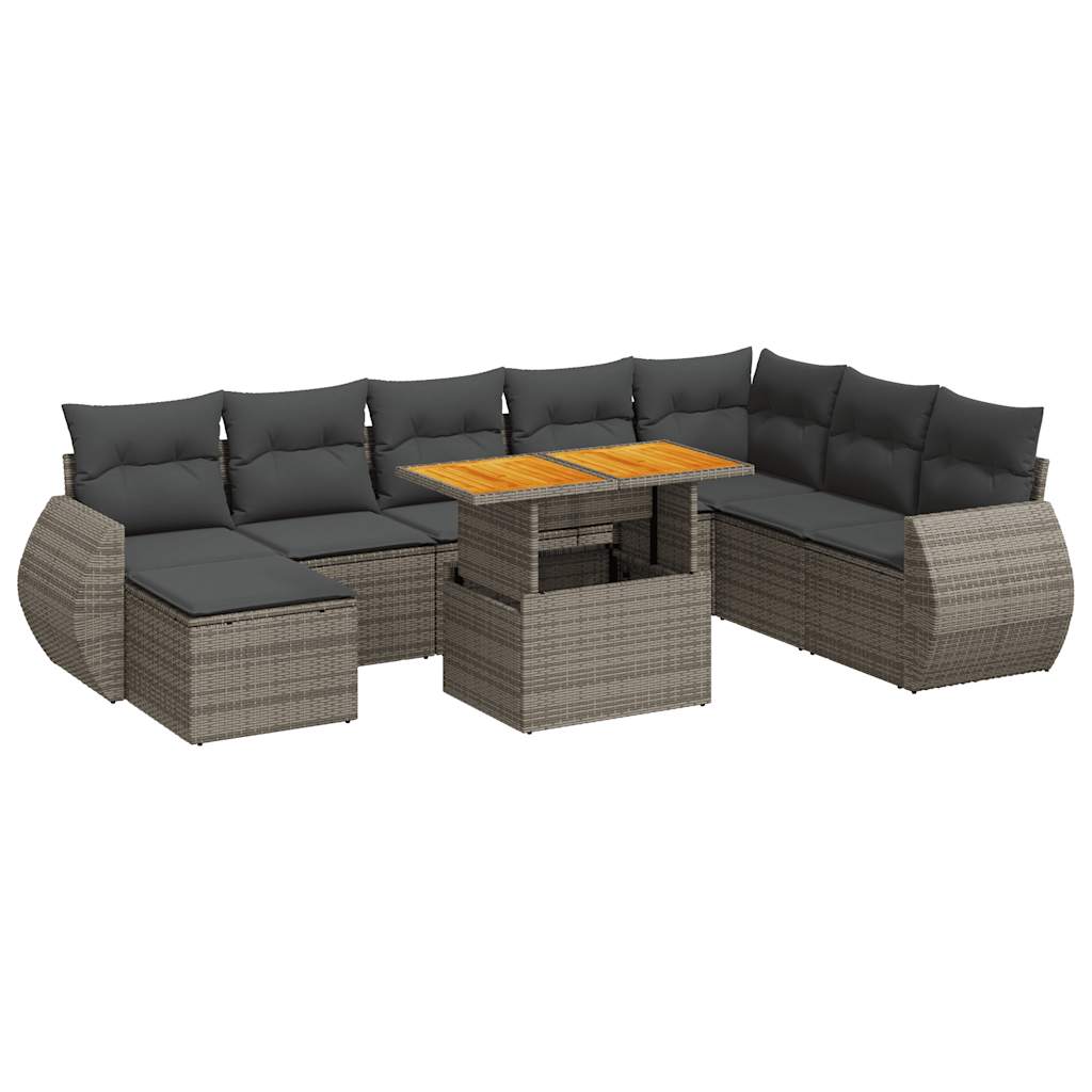 9-delige Loungeset met kussens poly rattan grijs