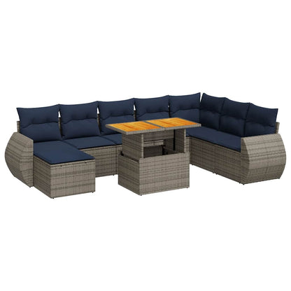 9-delige Loungeset met kussens poly rattan grijs