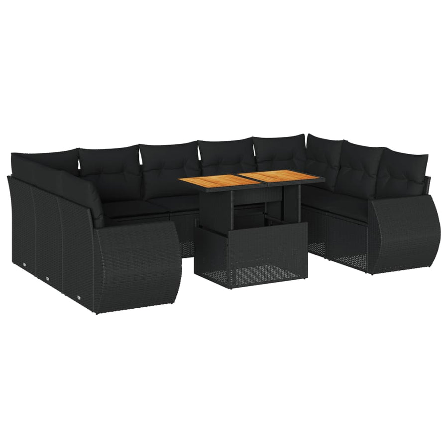 10-delige Loungeset met kussens poly rattan zwart