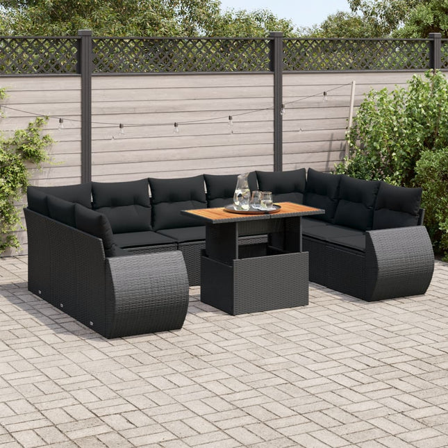 10-delige Loungeset met kussens poly rattan zwart