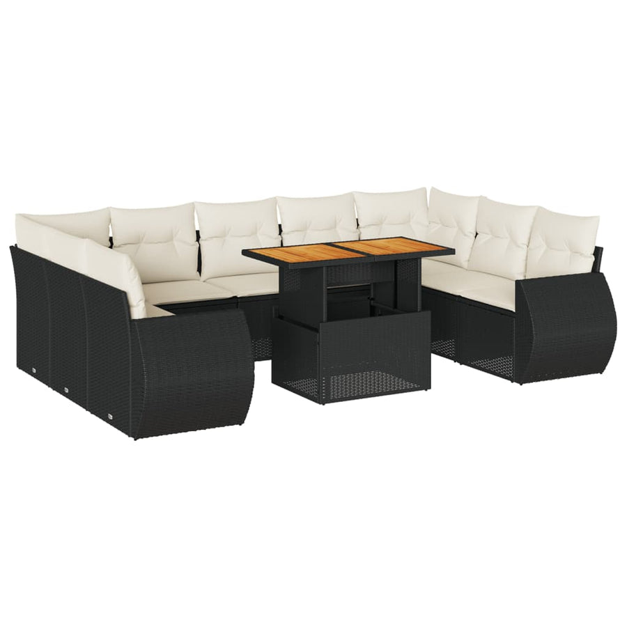 10-delige Loungeset met kussens poly rattan zwart