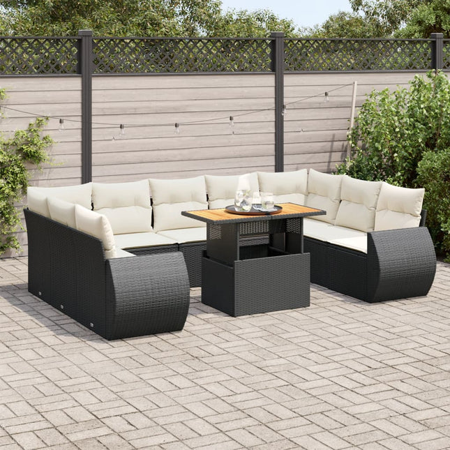 10-delige Loungeset met kussens poly rattan zwart