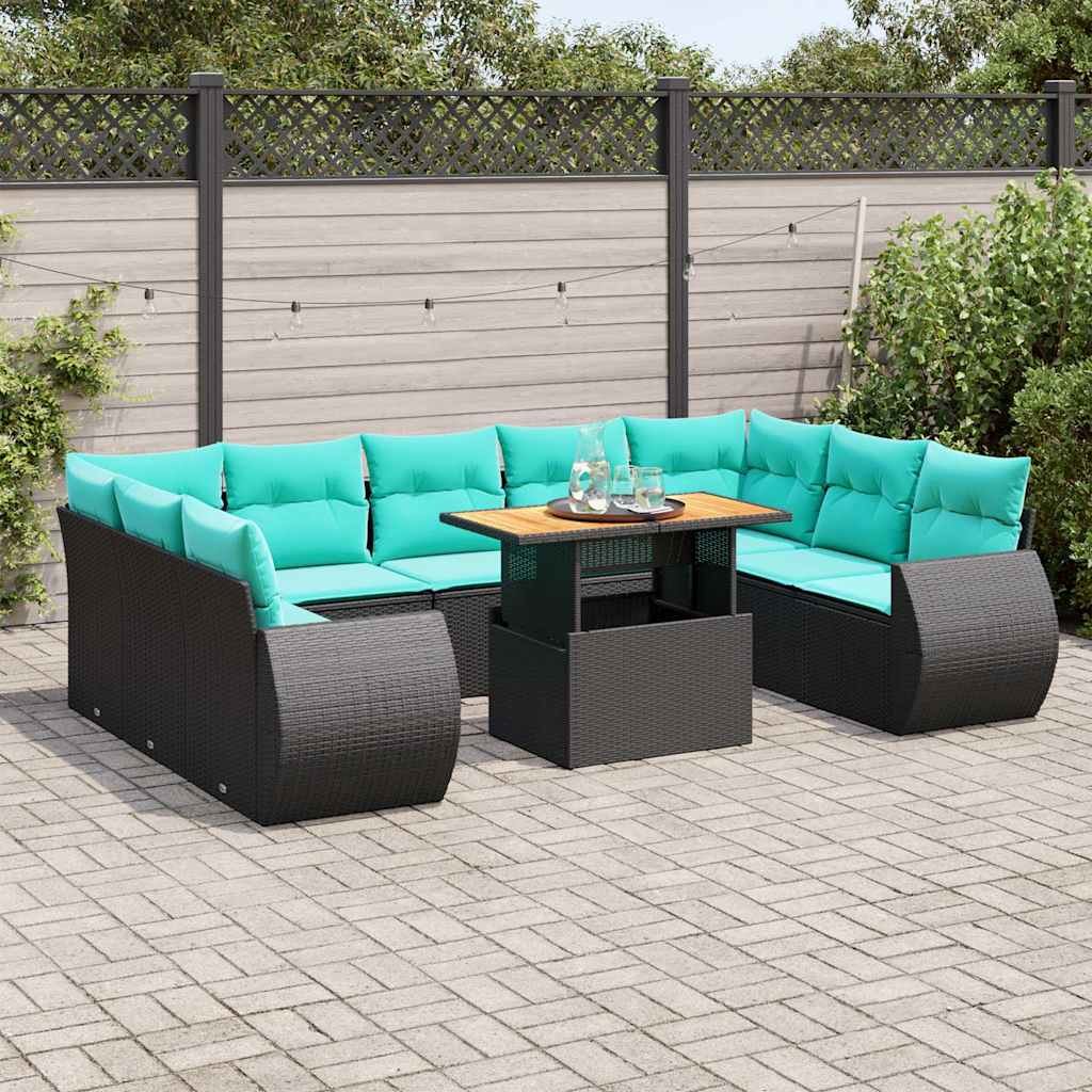 10-delige Loungeset met kussens poly rattan zwart