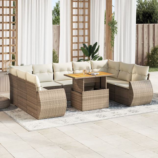 10-delige Loungeset met kussens poly rattan beige