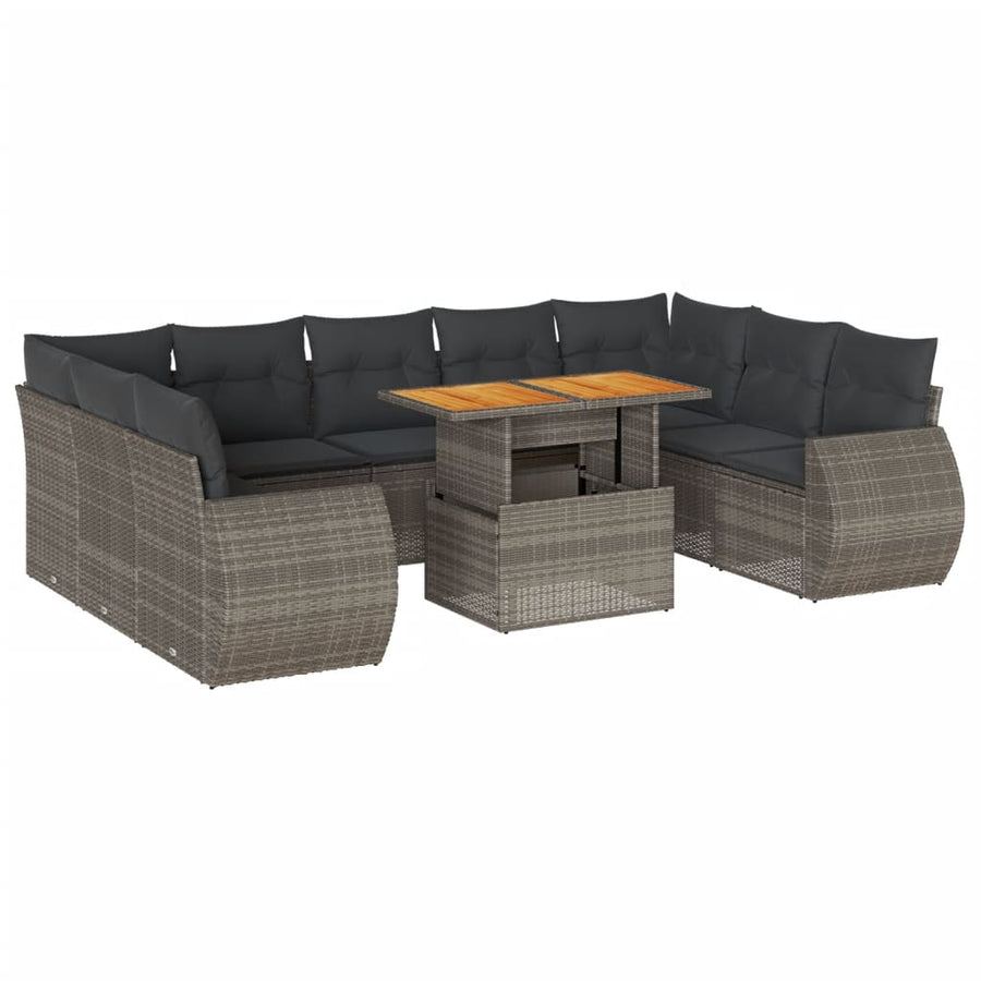 10-delige Loungeset met kussens poly rattan grijs