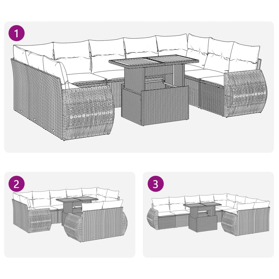 10-delige Loungeset met kussens poly rattan grijs