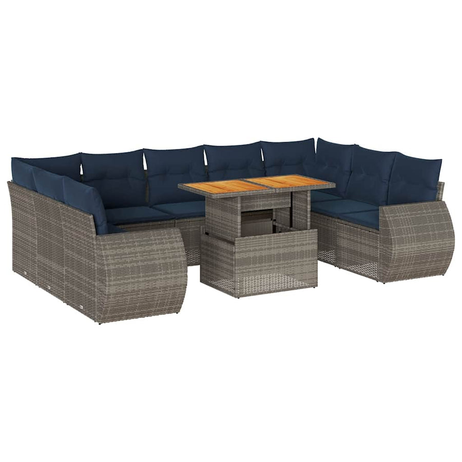 10-delige Loungeset met kussens poly rattan grijs