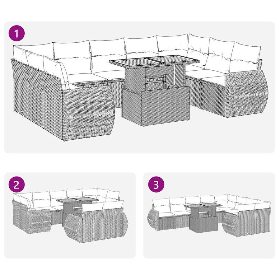 10-delige Loungeset met kussens poly rattan grijs