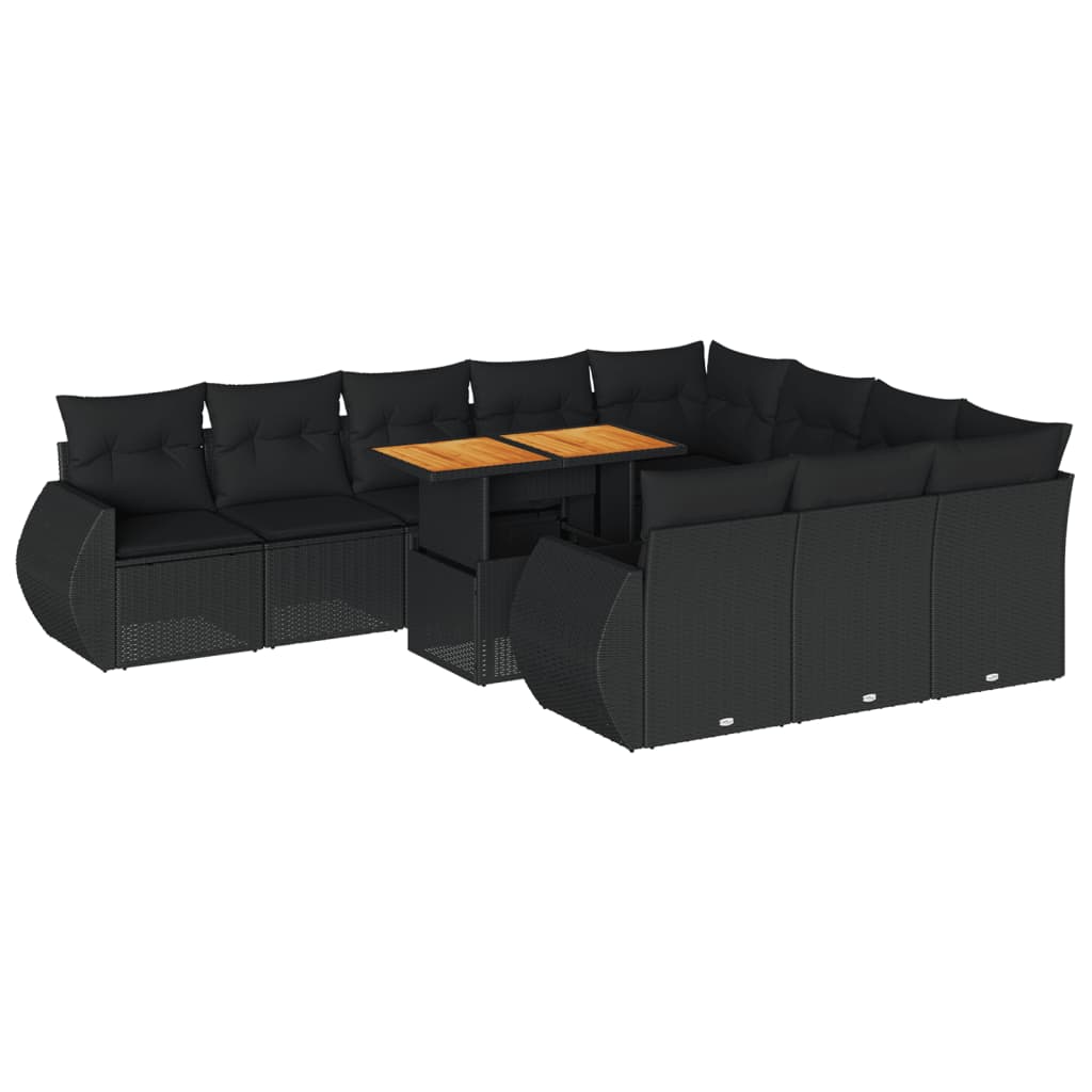 11-delige Loungeset met kussens poly rattan zwart