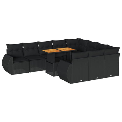 11-delige Loungeset met kussens poly rattan zwart