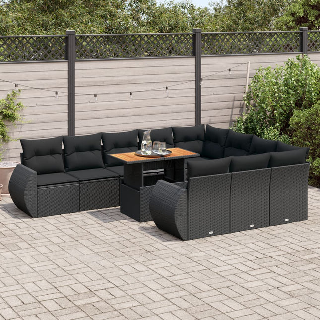 11-delige Loungeset met kussens poly rattan zwart