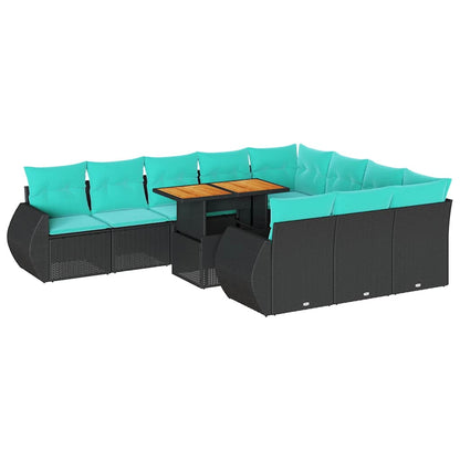 11-delige Loungeset met kussens poly rattan zwart