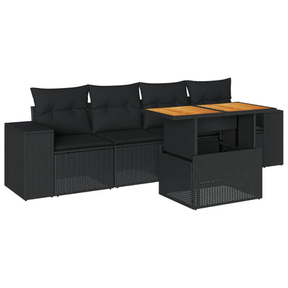 5-delige Loungeset met kussens poly rattan zwart
