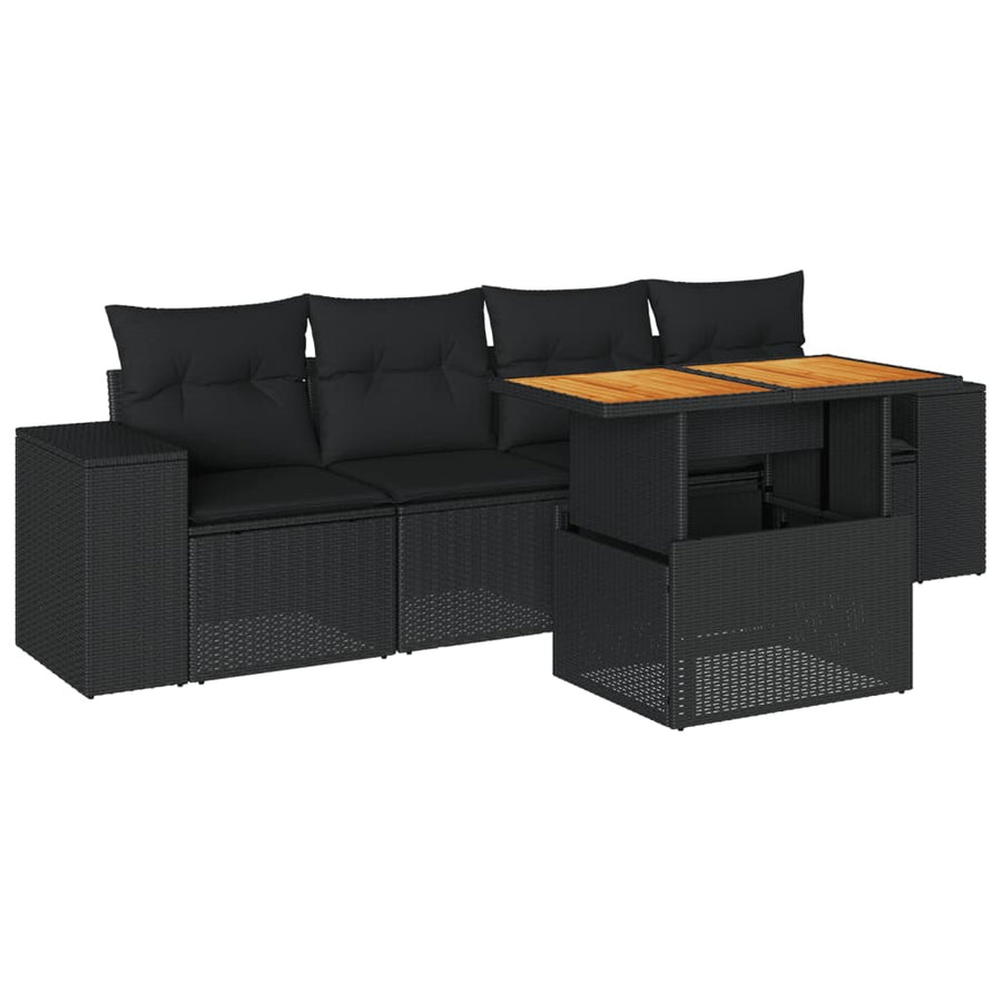 5-delige Loungeset met kussens poly rattan zwart
