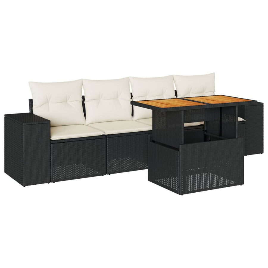 5-delige Loungeset met kussens poly rattan zwart