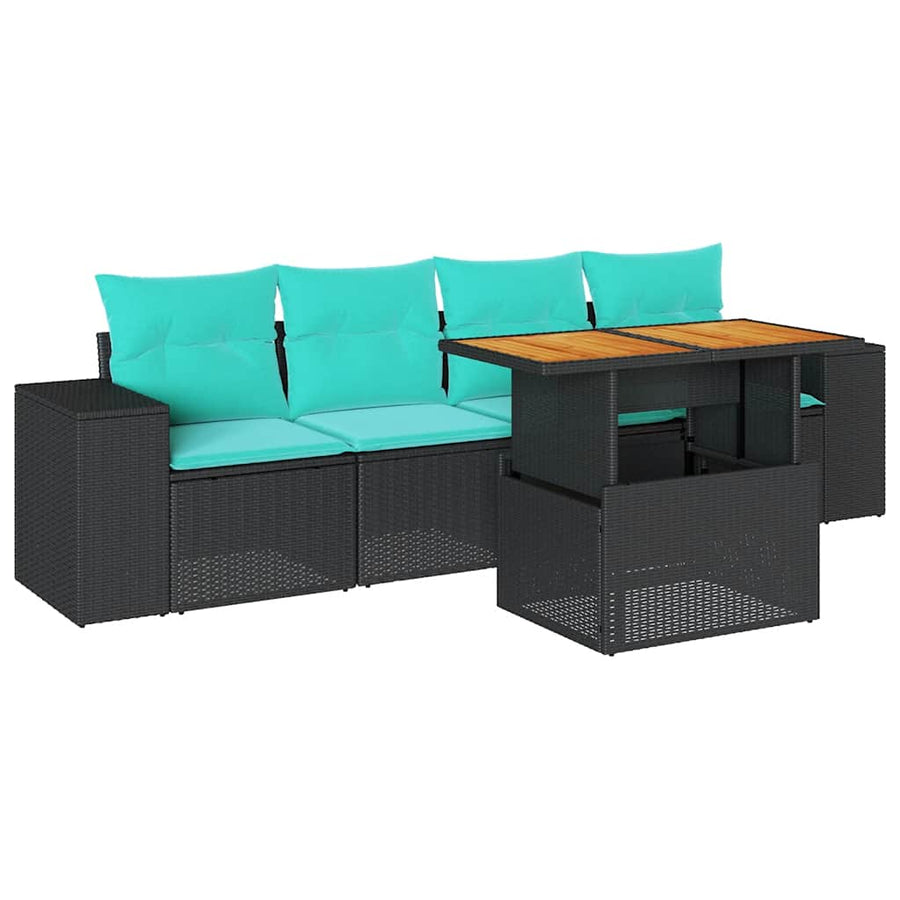 5-delige Loungeset met kussens poly rattan zwart