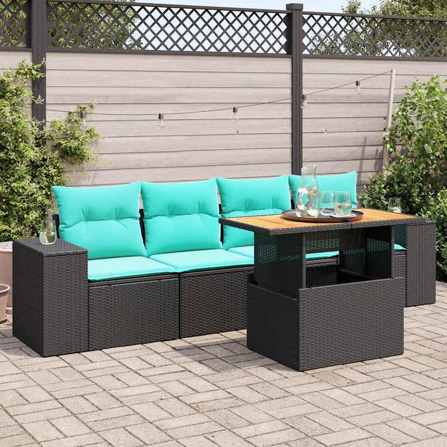 5-delige Loungeset met kussens poly rattan zwart