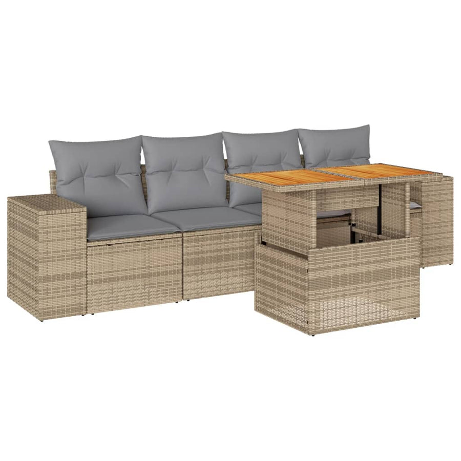 5-delige Loungeset met kussens poly rattan beige