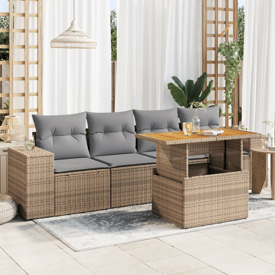5-delige Loungeset met kussens poly rattan beige