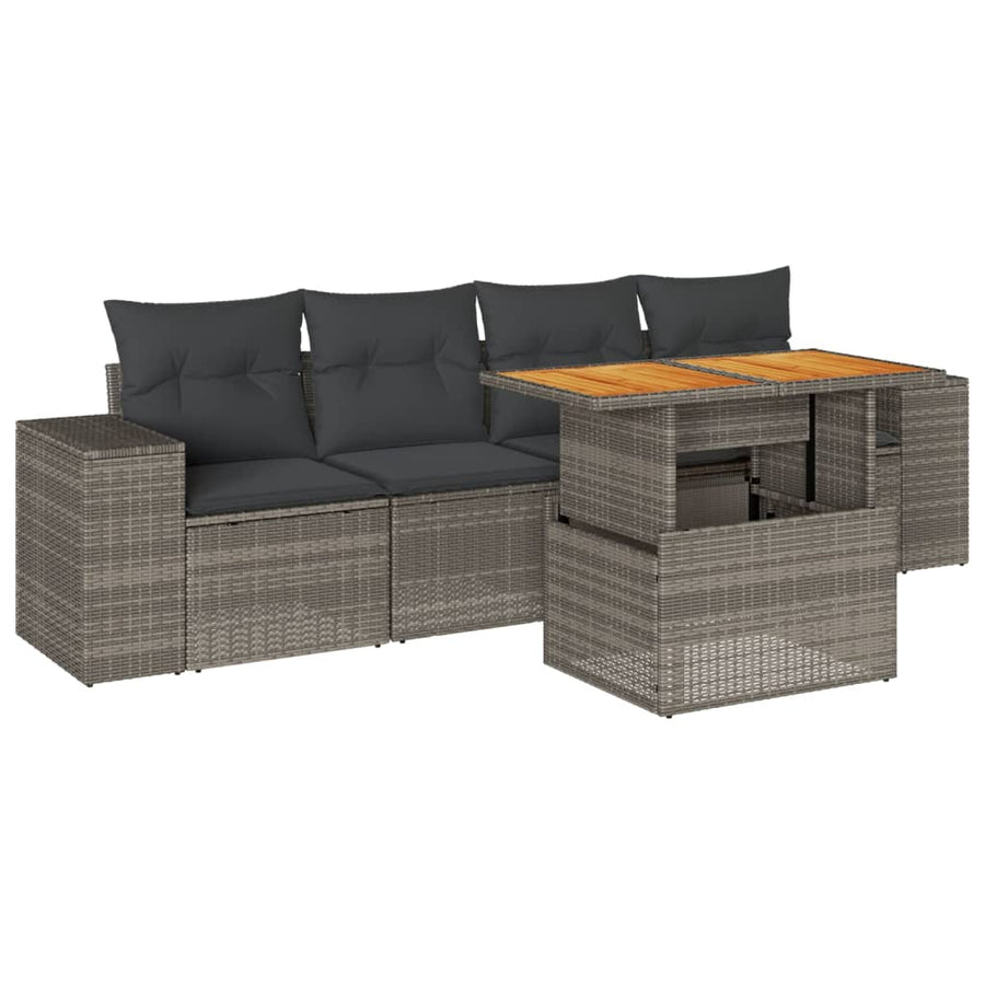 5-delige Loungeset met kussens poly rattan grijs