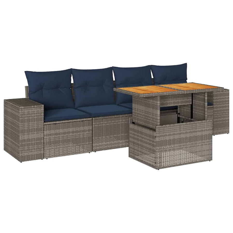 5-delige Loungeset met kussens poly rattan grijs