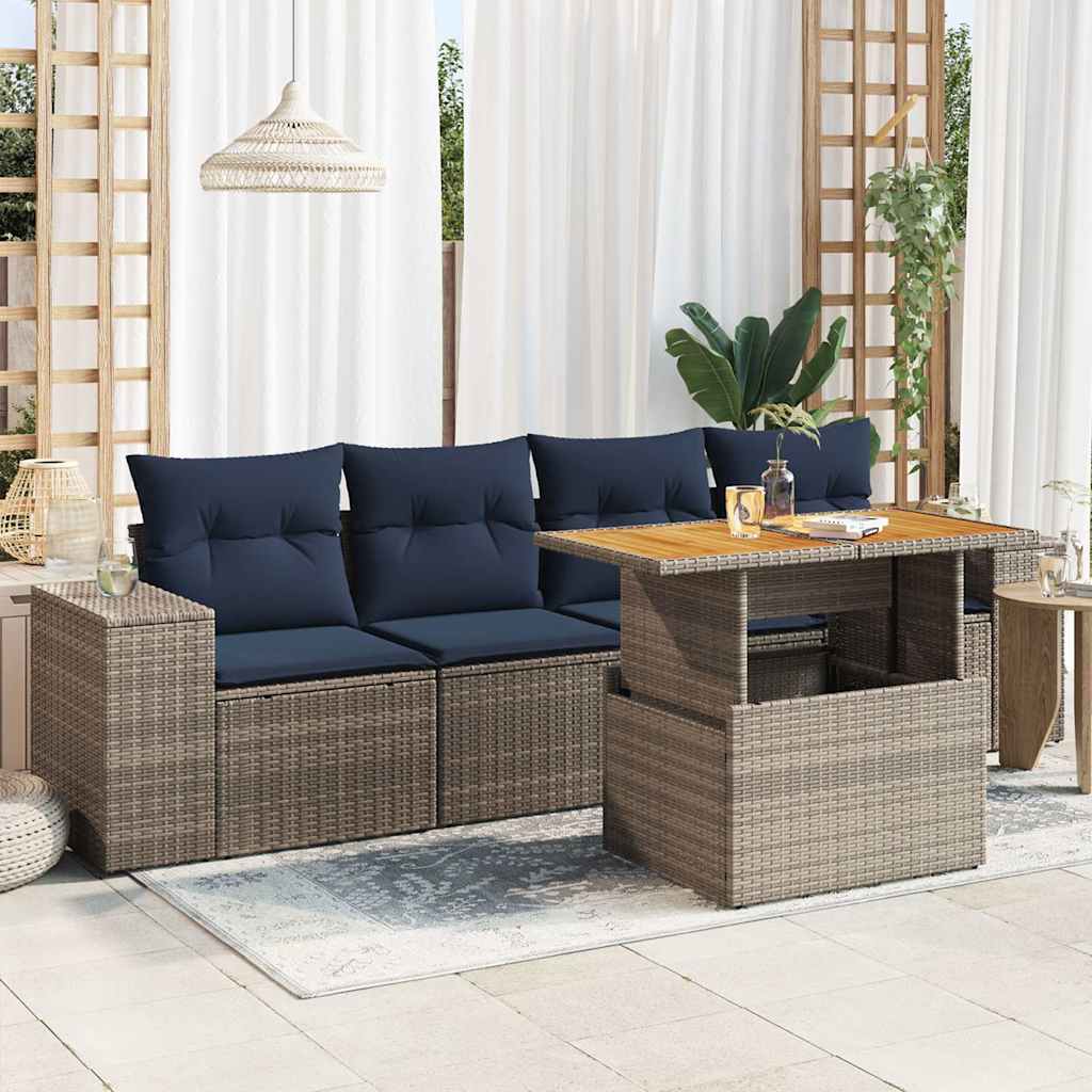 5-delige Loungeset met kussens poly rattan grijs