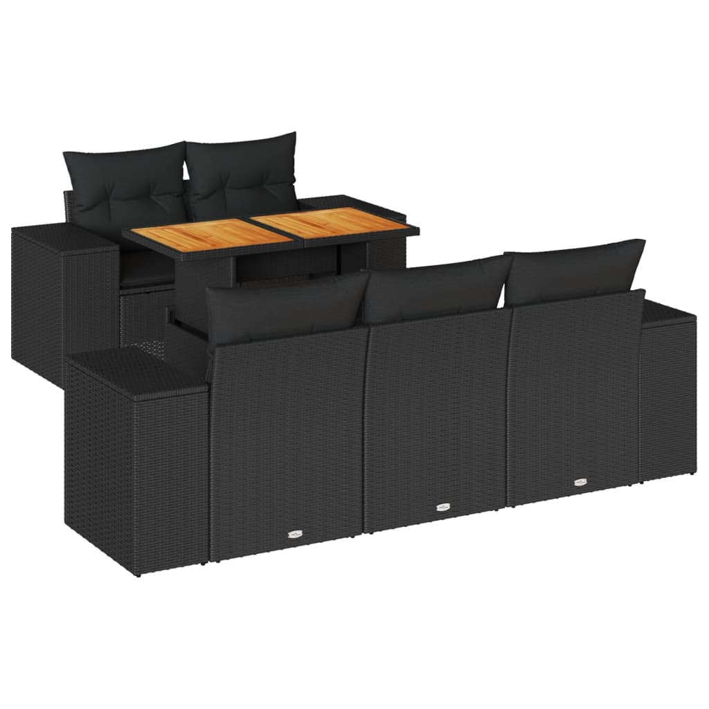 6-delige Loungeset met kussens poly rattan zwart