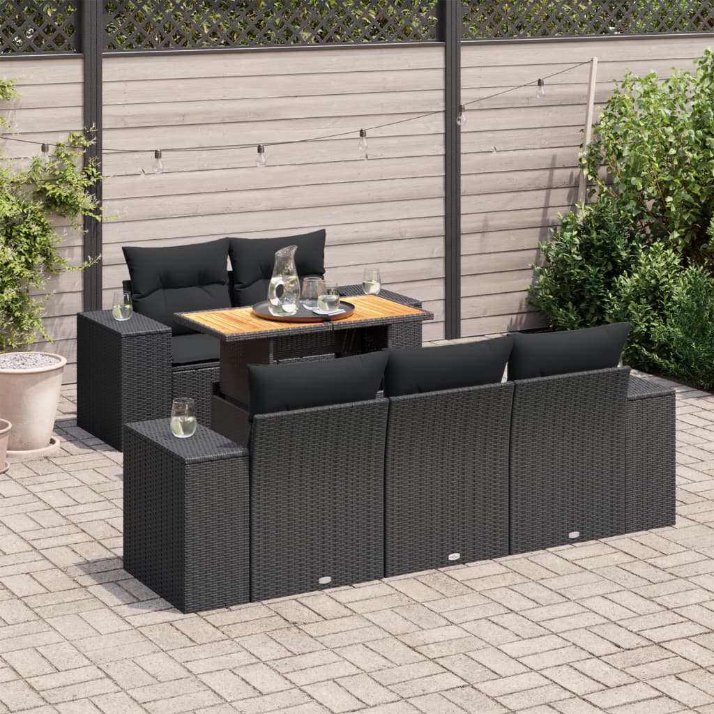 6-delige Loungeset met kussens poly rattan zwart