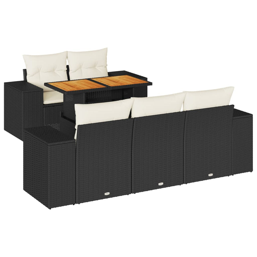 6-delige Loungeset met kussens poly rattan zwart