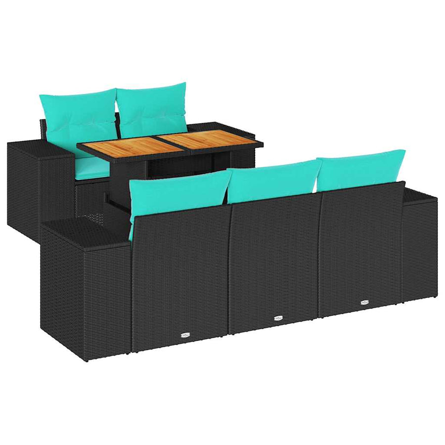 6-delige Loungeset met kussens poly rattan zwart