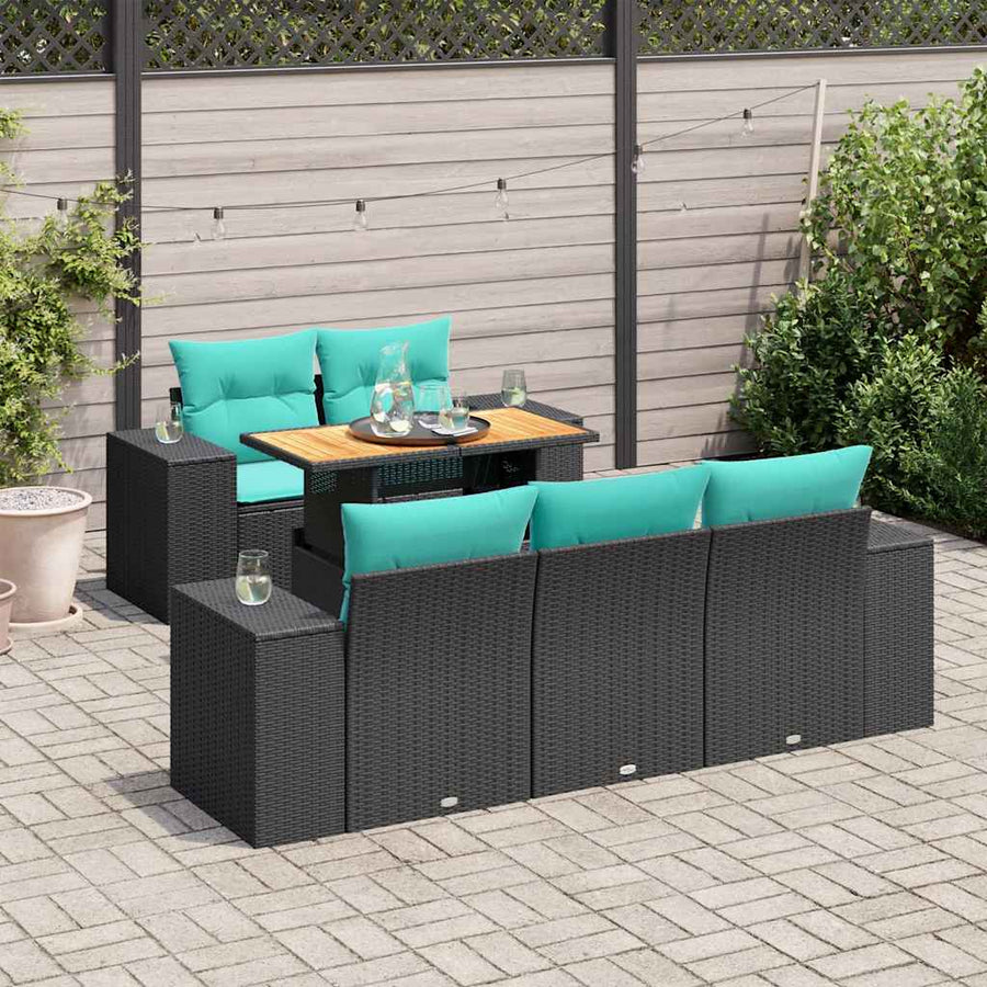 6-delige Loungeset met kussens poly rattan zwart