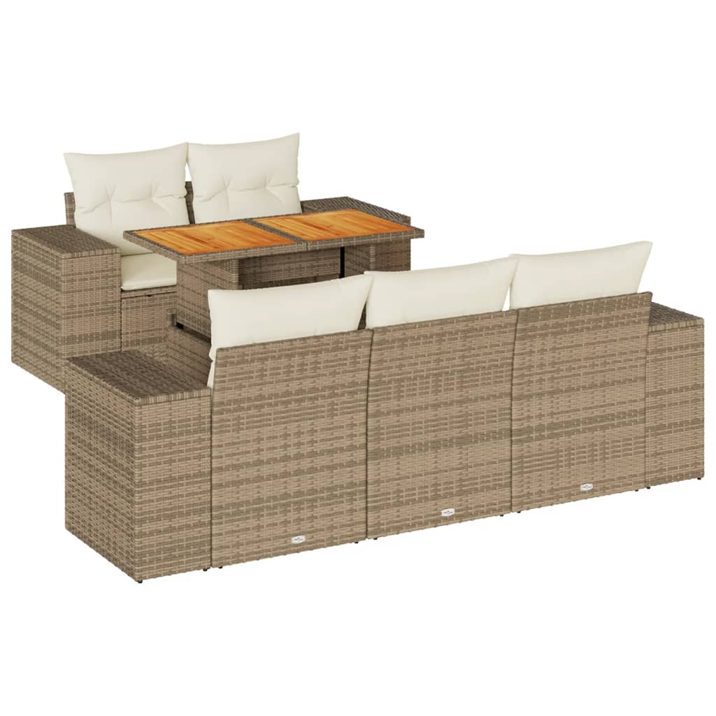 6-delige Loungeset met kussens poly rattan beige