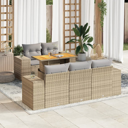 6-delige Loungeset met kussens poly rattan beige