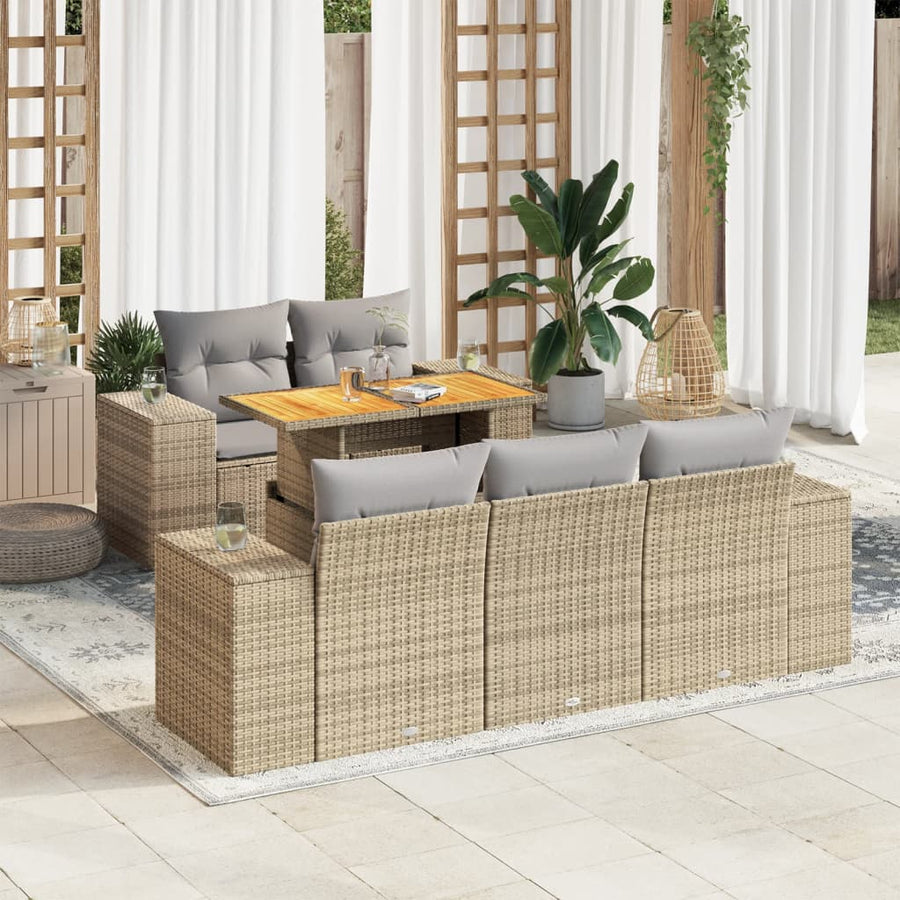 6-delige Loungeset met kussens poly rattan beige