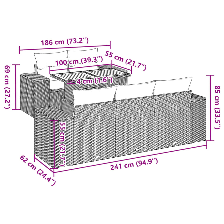 6-delige Loungeset met kussens poly rattan grijs