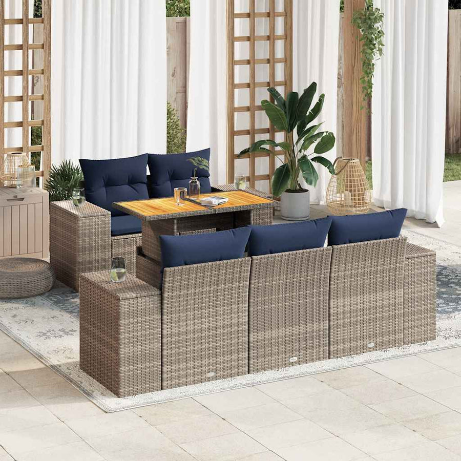 6-delige Loungeset met kussens poly rattan grijs