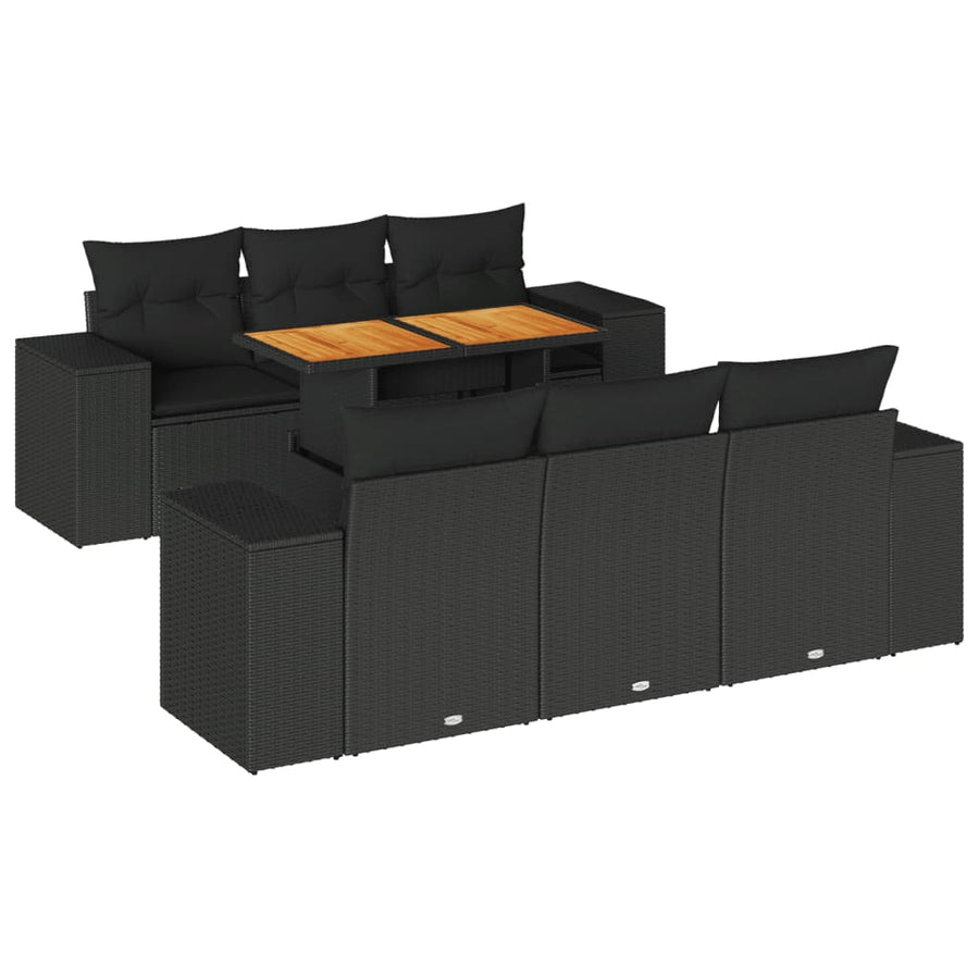 7-delige Loungeset met kussens poly rattan zwart