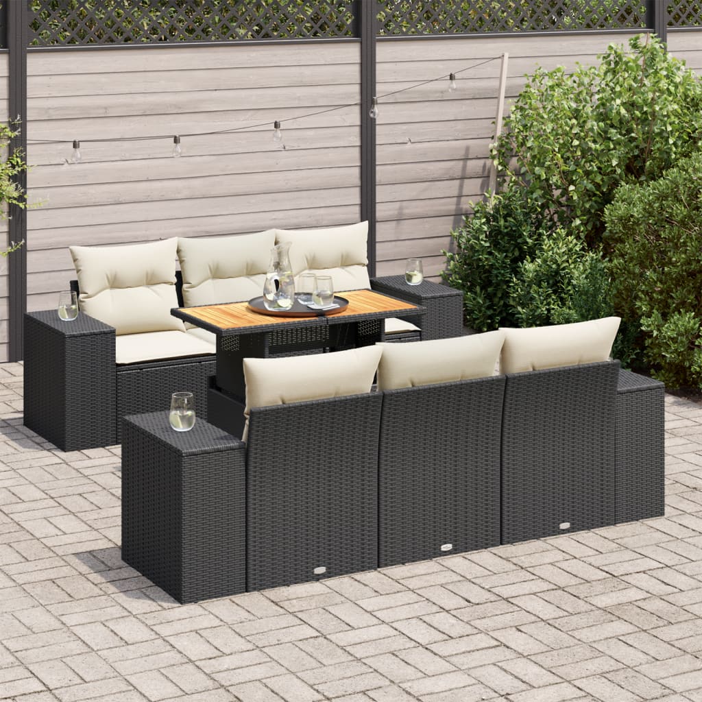 7-delige Loungeset met kussens poly rattan zwart