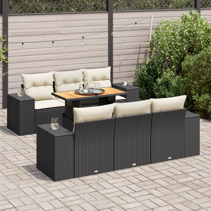 7-delige Loungeset met kussens poly rattan zwart
