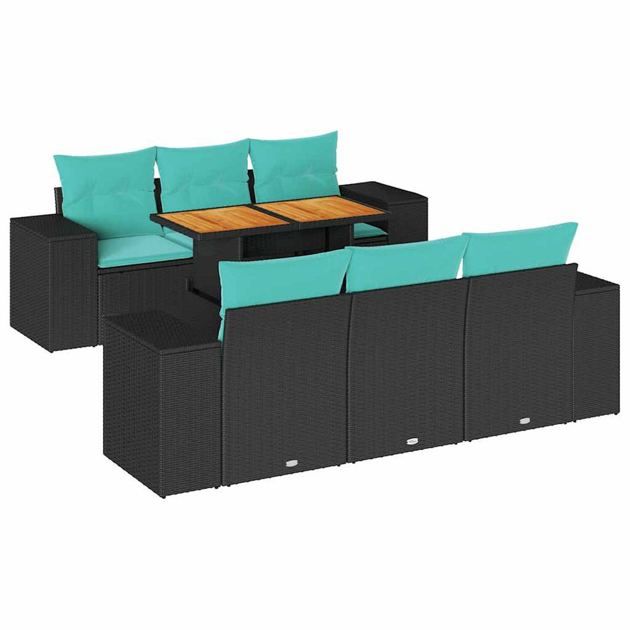 7-delige Loungeset met kussens poly rattan zwart