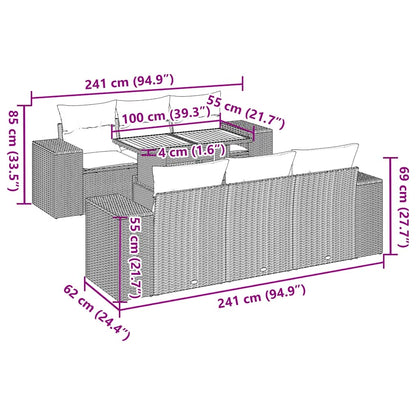 7-delige Loungeset met kussens poly rattan zwart