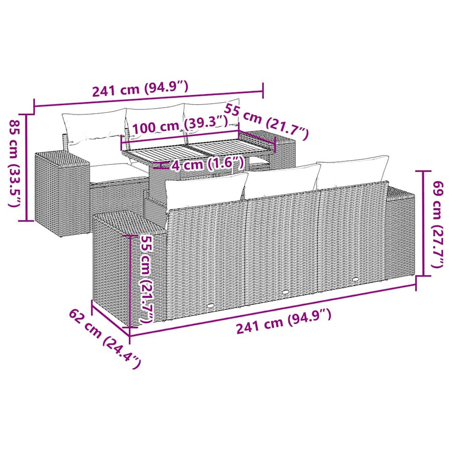 7-delige Loungeset met kussens poly rattan zwart