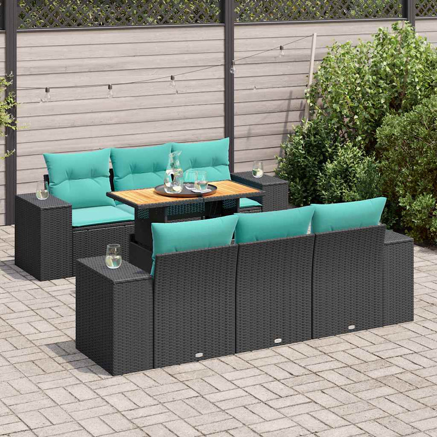 7-delige Loungeset met kussens poly rattan zwart