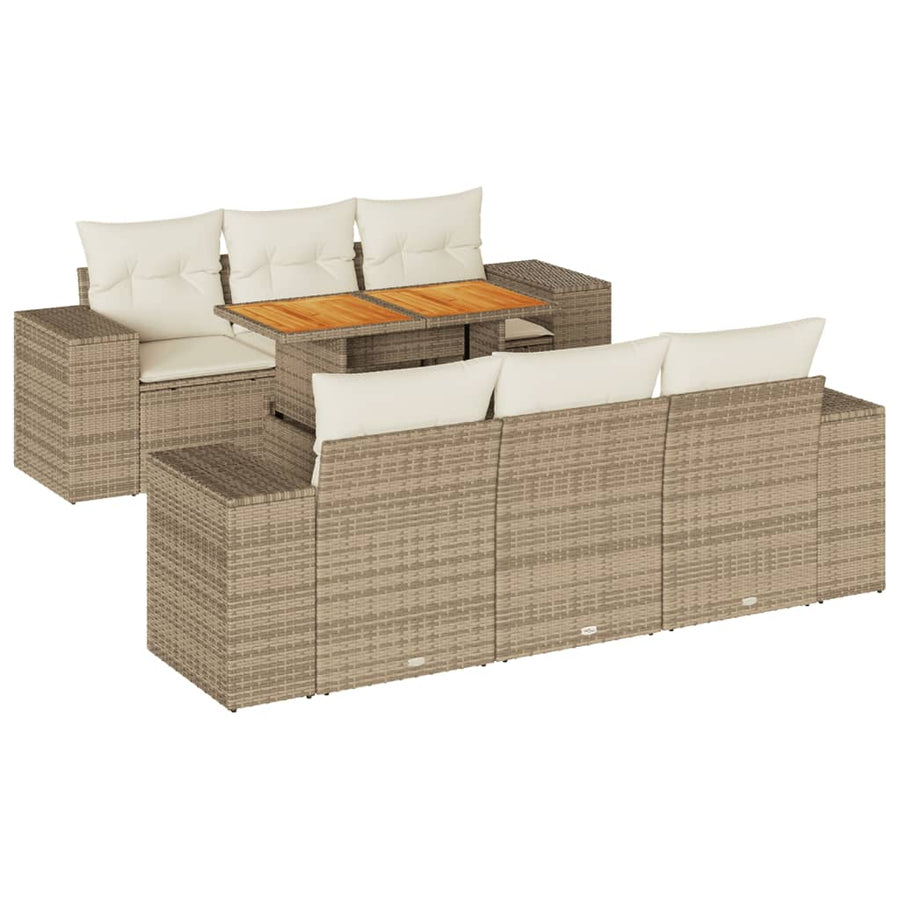 7-delige Loungeset met kussens poly rattan beige