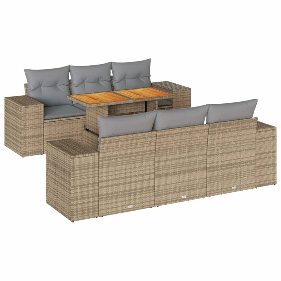 7-delige Loungeset met kussens poly rattan beige