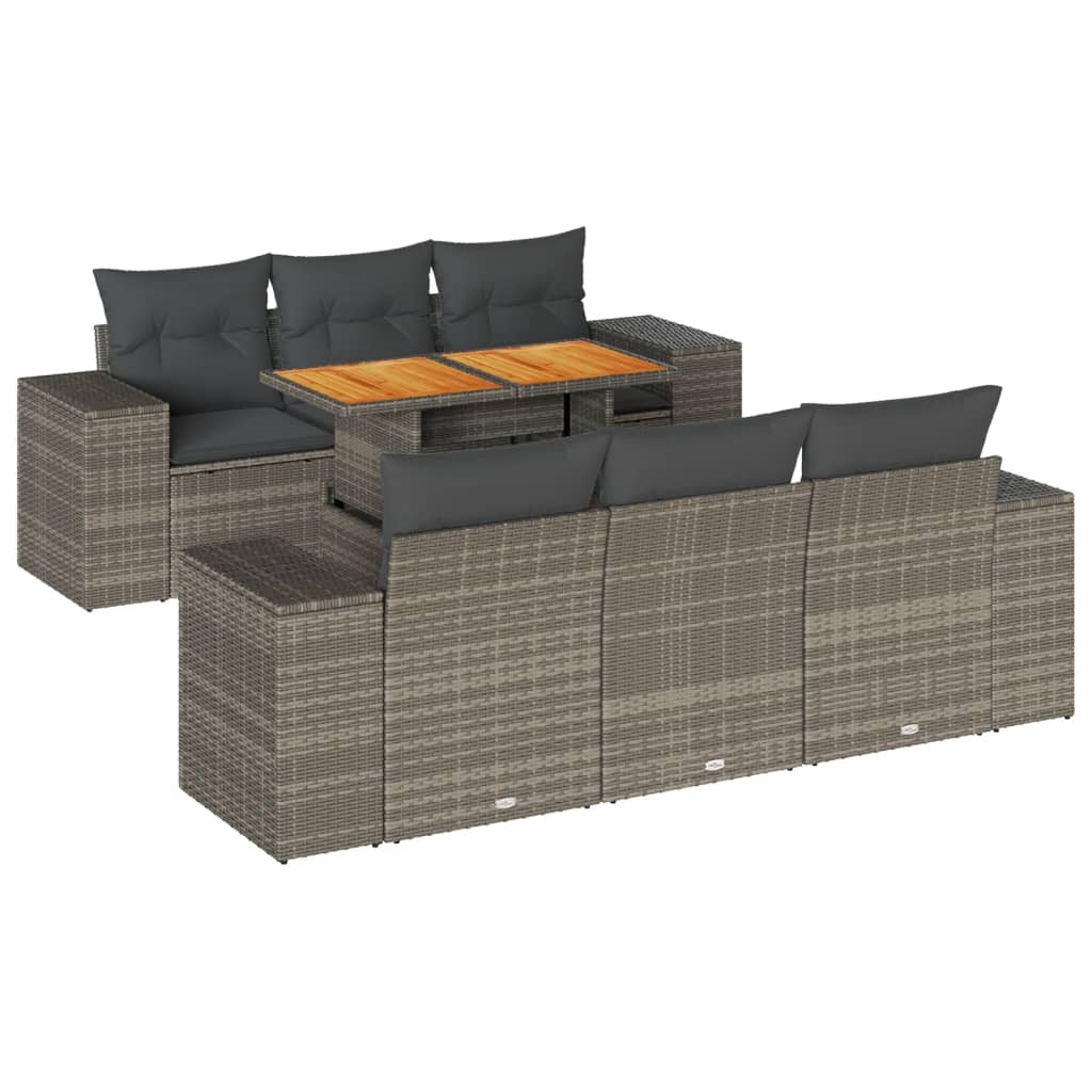 7-delige Loungeset met kussens poly rattan grijs