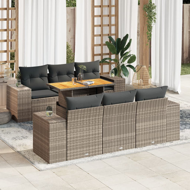 7-delige Loungeset met kussens poly rattan grijs