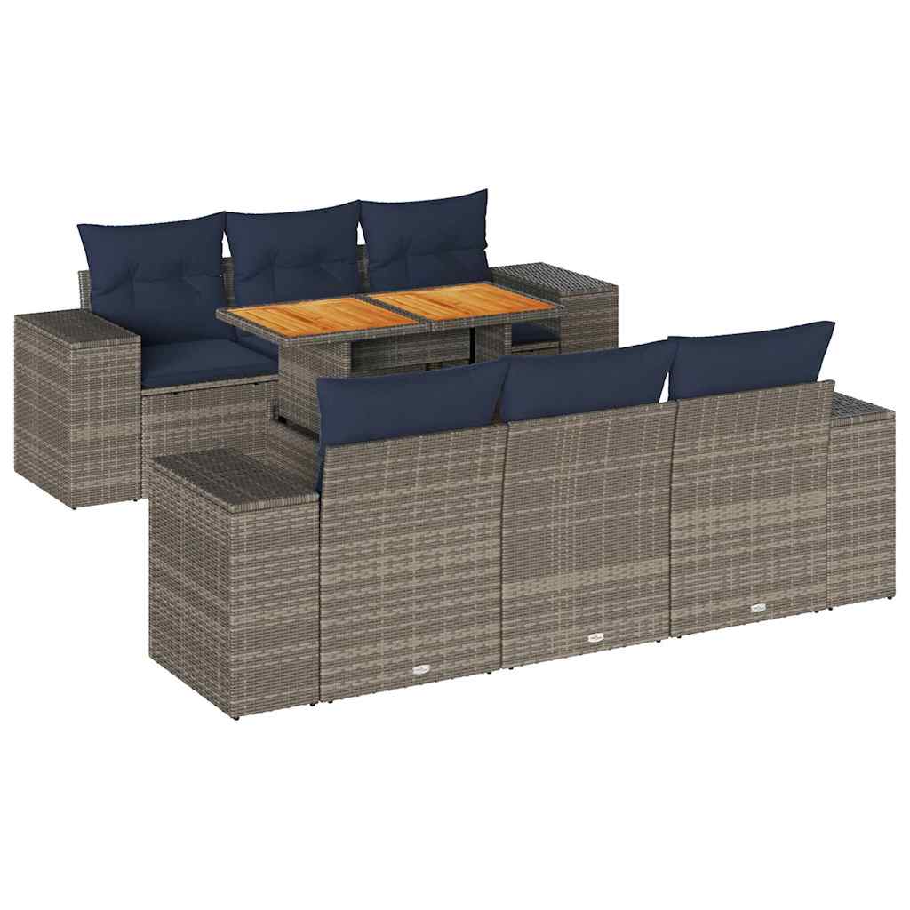 7-delige Loungeset met kussens poly rattan grijs